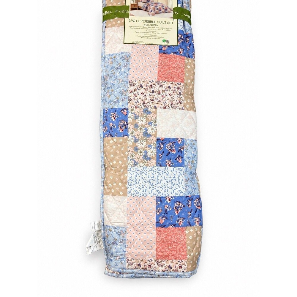 Vera Bradley Cottage Floral Quilt Set Full Queen 3pc Reversible Blue Patchwork